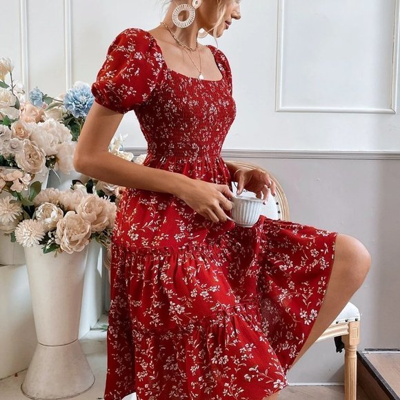 boho  Floral Print Puff Sleeve Shirred Layered Hem Dress red - Picture 2 of 5